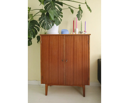 Drevená skrinka s dvomi dvierkami a štyrmi nohami, zdobená izbovou rastlinou a sviečkami