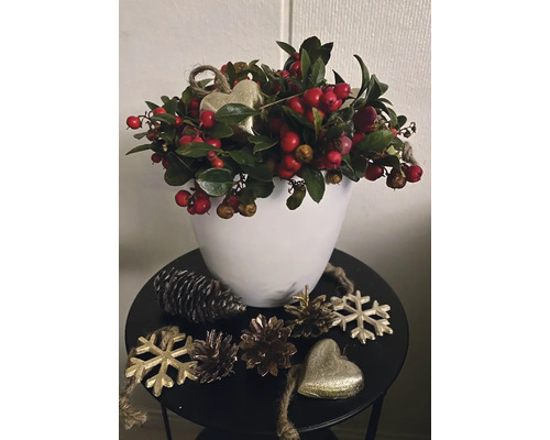 Vianočná dekorácia s bobuľami, šiškami, príveskami v tvare srdca a ozdobami v tvare snehových vločiek v bielom kvetináči na malom príručnom stolíku