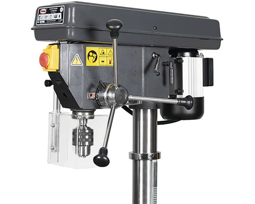 Detailný pohľad na stĺpovú vŕtačku so skľučovadlom a bezpečnostnými prvkami.