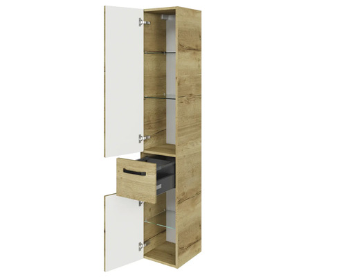 Vysoká kúpeľňová skrinka so zásuvkou, otvorenými dvierkami a sklenenými policami