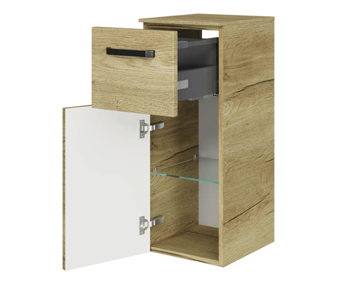 Závesná skrinka so zásuvkou, dvierkami a sklenenými policami