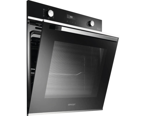 Čierna vstavaná rúra s otvorenými dverami.