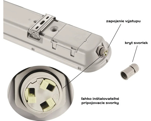 Detailný pohľad na svietidlo do vlhkého prostredia s pripojovacími svorkami