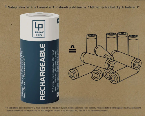 Nabíjateľná batéria Lumak Pro D nahrádza približne 140 alkalických batérií D