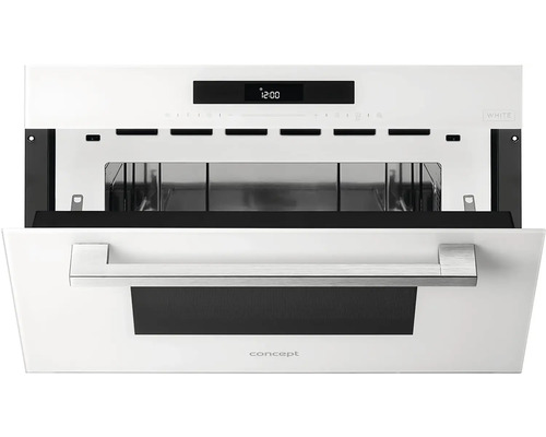 Biela rúra s otvorenými dvierkami a digitálnym displejom