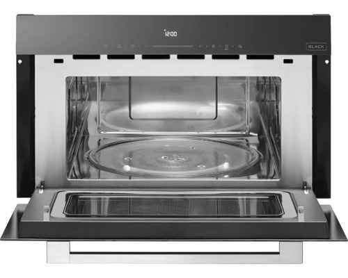 Otvorená čierna vstavaná mikrovlnná rúra s otočným tanierom