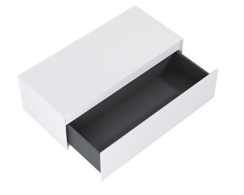 Biela skrinka pod umývadlo s otvorenou zásuvkou