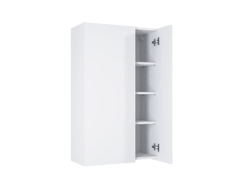 Biela závesná skrinka s otvorenými dvierkami a policami