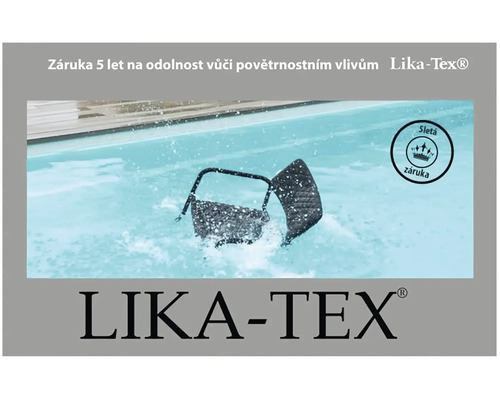 Logo Lika-Tex s päťročnou zárukou a stolička v bazéne