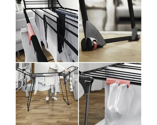 Skladací sušiak na bielizeň s kolieskami pre jednoduché premiestňovanie a zavesenie bielizne