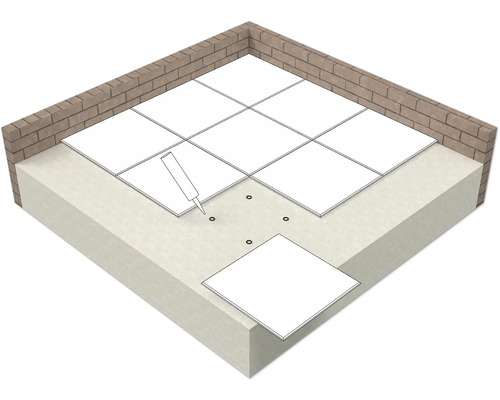 Ilustrácia kladenia dlaždíc lepidlom na povrch s tehlovou stenou v pozadí.