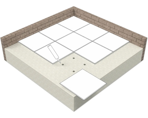 Znázornenie kladenia dlaždíc s lepidlom a stenou z tehál.