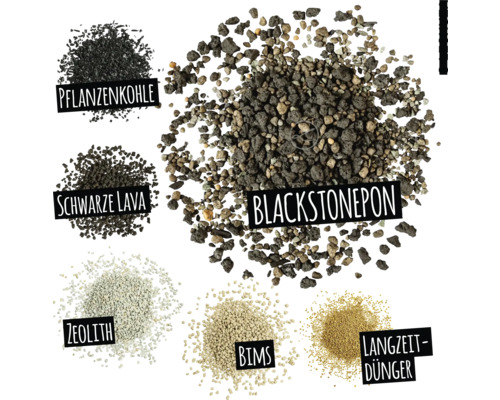 Obrázok rastlinných substrátov: rastlinné uhlie, čierna láva, zeolit, pemza, dlhodobé hnojivo a Blackstonestonepon