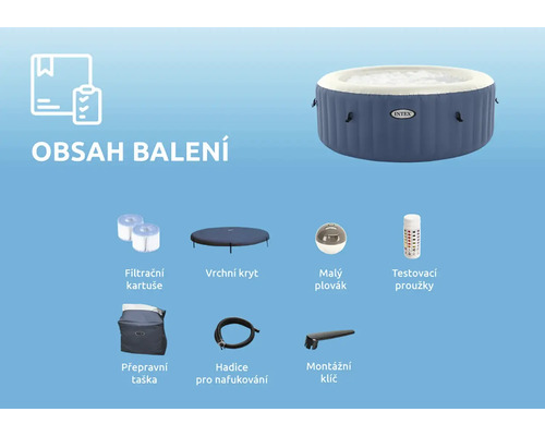 Obsah balenia vírivky Intex: filtračné kartuše, kryt, plavák na dávkovanie chemikálií, testovacie prúžky, prepravná taška, hadica a montážny kľúč