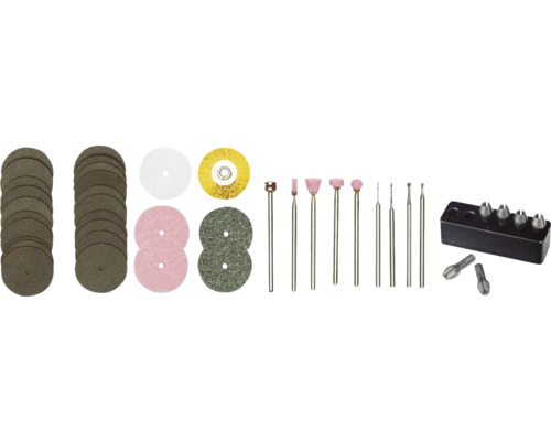 Sada príslušenstva pre multifunkčné nástroje s brúsnymi kotúčmi, leštiacimi kotúčmi, brúsnymi hrotmi, vrtákmi a upínacími klieštinami