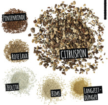 Zemina pre citrusy, borovicová kôra, červená láva, zeolit, pemza a dlhodobo pôsobiace hnojivo