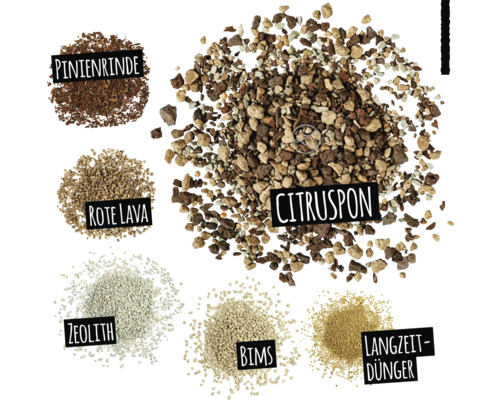 Zemina pre citrusy, borovicová kôra, červená láva, zeolit, pemza a dlhodobo pôsobiace hnojivo