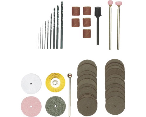 Sada príslušenstva pre brúsne nástroje s rôznymi brúsnymi nadstavcami, vrtákmi a leštiacimi nástrojmi