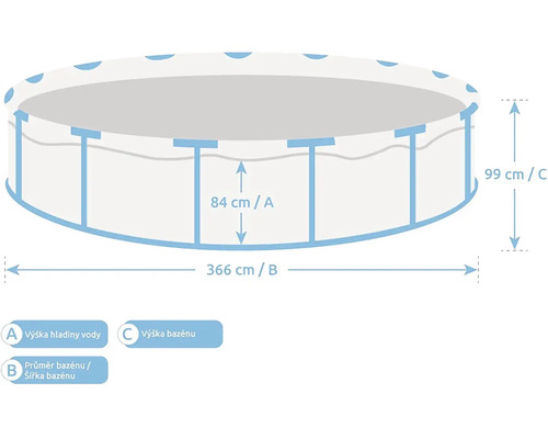 Obrázok okrúhleho bazéna s rozmermi 366 centimetrov v priemere a 99 centimetrov na výšku