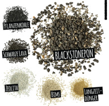 Obrázok zložiek zeminy pre rastliny: rastlinné uhlie, čierna láva, zeolit, pemza, dlhodobé hnojivo a blackstone pon