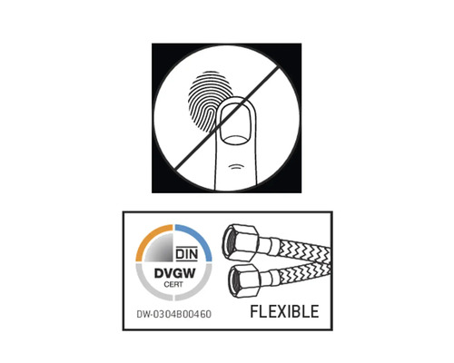 Symbol pre nedotýkať sa a certifikát DVGW pre flexibilné hadice