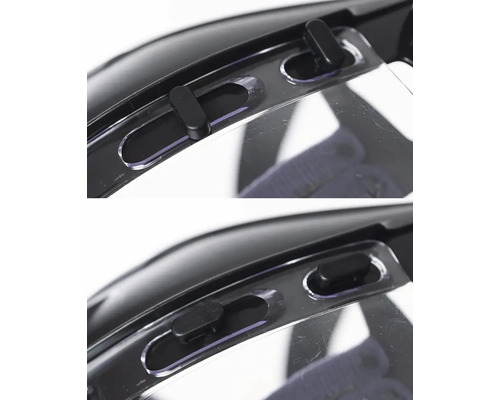 Detailný pohľad na mechanizmus hľadia ochranných okuliarov