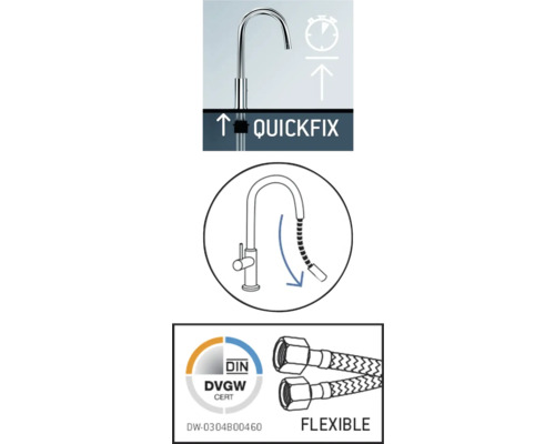Symbol rýchlej montáže. Symbol flexibilnej sprchovej hadice. Certifikácia Nemeckého združenia plynárov a vodárov