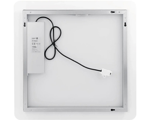 Zadný pohľad na LED zrkadlo so strieborným rámom, vrátane pripojovacieho kábla a montážneho zariadenia