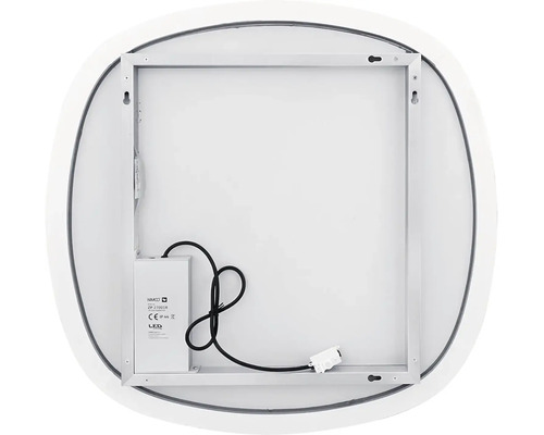 Pohľad zozadu na okrúhle zrkadlo s LED osvetlením a montážnym rámom