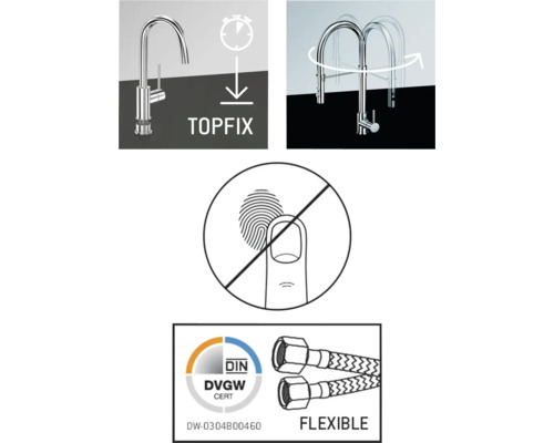 Vlastnosti produktu: Upevnenie Topfix, rozsah otáčania, povrchová úprava proti odtlačkom prstov, certifikácia DVGW, flexibilné pripojovacie hadice
