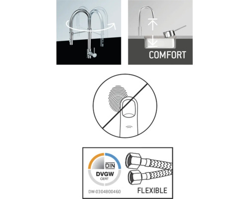 Vlastnosti produktu kuchynskej batérie: Rozsah otáčania, komfortná zóna, žiadne odtlačky prstov, certifikát DVGW, flexibilné hadice