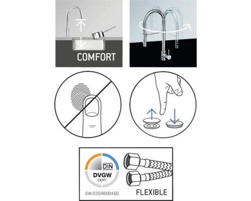 Komfortná drezová batéria s rozsahom otáčania, povrchovou úpravou proti odtlačkom prstov, flexibilnými pripojovacími hadicami a certifikátom DVGW