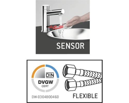 Senzorová armatúra s rukou pod kohútikom a certifikátom DIN DVGW a flexibilnými pripojovacími hadicami.