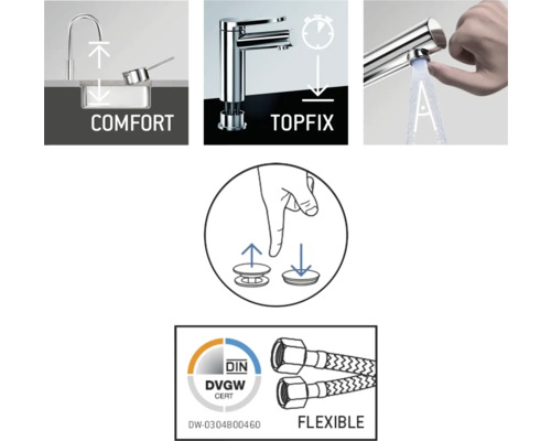 Vlastnosti produktu vodovodnej batérie: pohodlie, Topfix, inštalácia, certifikácia DIN DVGW a flexibilné hadice