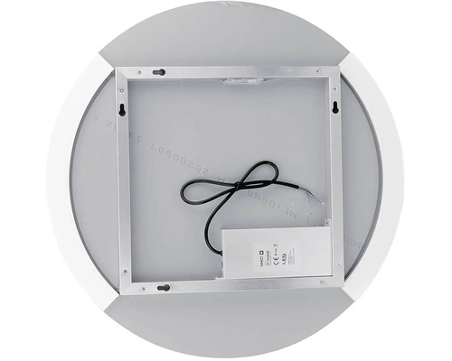 Zadná strana okrúhleho zrkadla s LED osvetlením a montážnym zariadením.