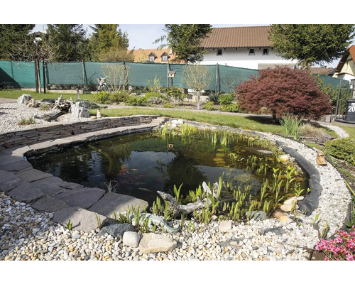 Záhradné jazierko s kameňmi a rastlinami v udržiavanej záhrade.