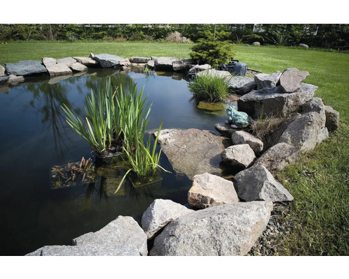 Záhradné jazierko s kameňmi, rastlinami a dekoráciou