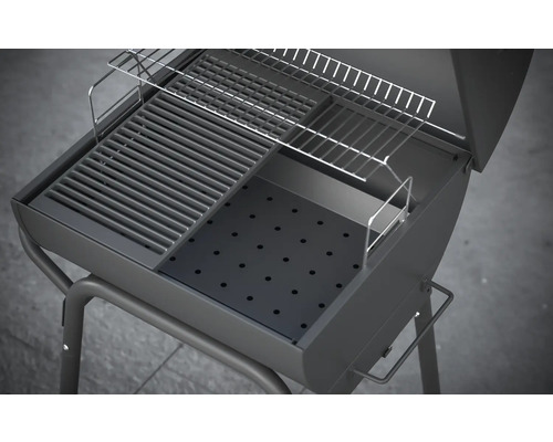 Otvorený gril na drevené uhlie s grilovacím roštom a roštom na ohrievanie