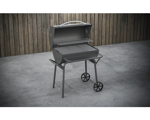 Gril na drevené uhlie s kolieskami a úložným priestorom