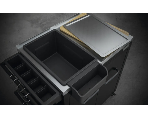 Grilovací vozík s doskou na krájanie, nerezovou doskou, úložným boxom a lištou s háčikmi