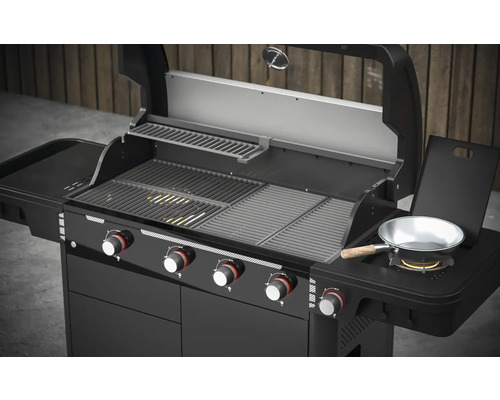 Plynový gril s bočným horákom, grilovacími roštami a ovládacími gombíkmi