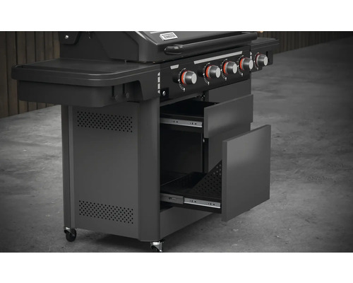 Plynový gril s podstavnou skrinkou a dvoma zásuvkami na uloženie grilovacieho príslušenstva.