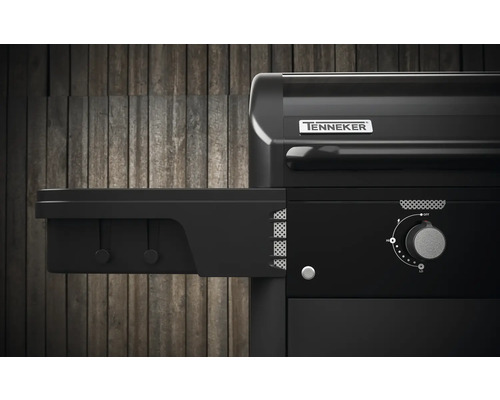 Logo Tenneker na grile na drevené uhlie s bočným stolíkom a ovládacím gombíkom