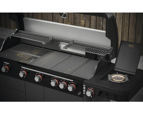 Plynový gril s grilovacími roštami, ohrievacím roštom, bočným horákom a ovládacími gombíkmi