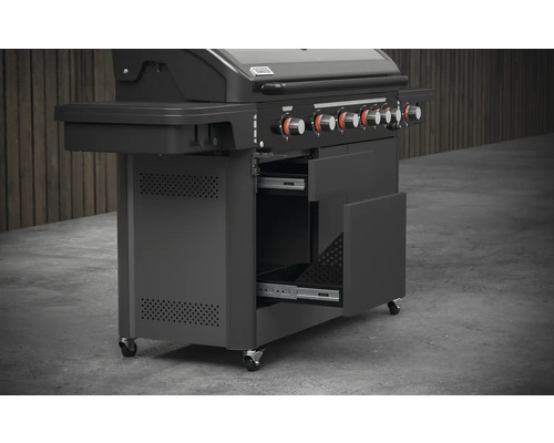 Gril s otvorenými zásuvkami a kolieskami