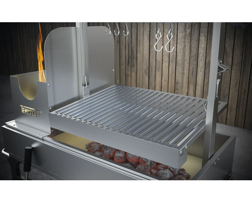 Gril Temmker s grilovacím roštom, dreveným uhlím a ohňom