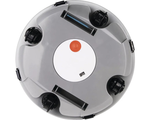 Spodná strana robotického vysávača so senzormi, kolieskami a priestorom pre batérie