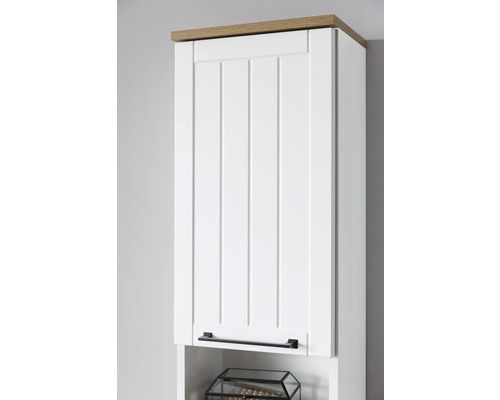 Vysoká skrinka s dvierkami, drevenou doskou a rukoväťou