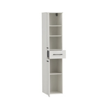 Úzka kúpeľňová skrinka s otvorenými dverami, zásuvkou a policami