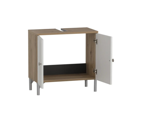 Skrinka pod umývadlo s dvomi otvorenými dvierkami a striebornými nožičkami